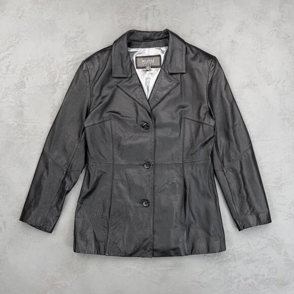 Vintage 1990s Wilsons Leather Black Button Font Jacket Women's Medium - Picture 1 of 5